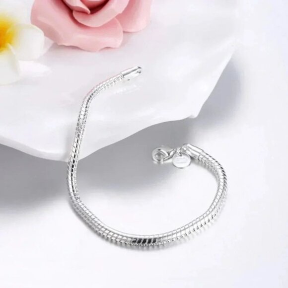 925 Sterling Silver Round Snake Chain Bracelet - Picture 2 of 4